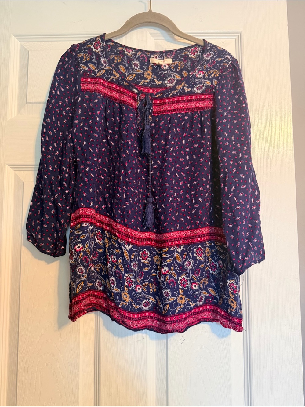 Skies Are Blue Navy Floral Boho Peasant Tunic with Pink Trim